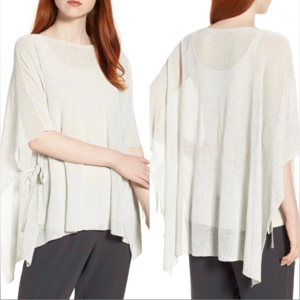 Eileen Fisher | Silver Grey Side Tie Linen-Blend Poncho | One Size